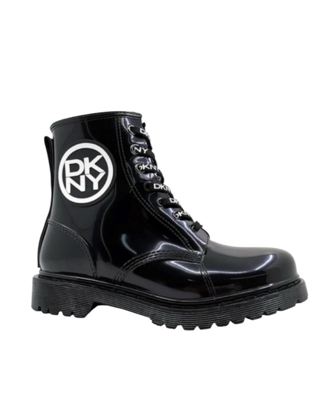 NEW DKNY Black Patent Leather Combat Boots size 6 Lace Up Platform Streetwear